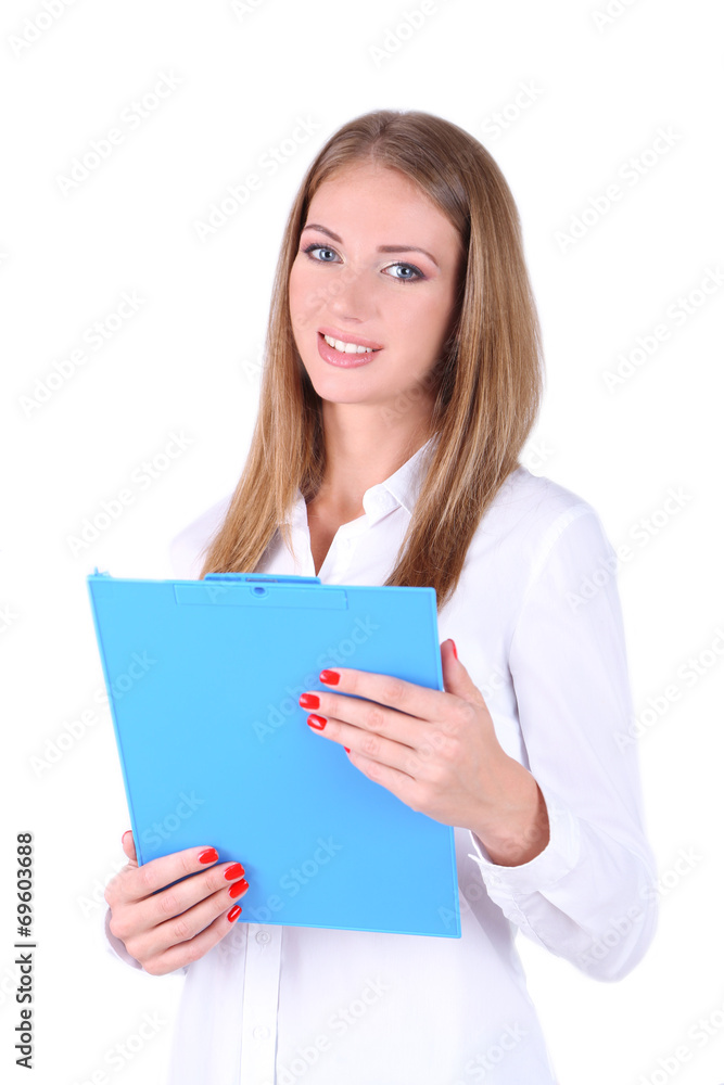 Business woman holding folder, isolated on white Business woman holding folder, isolated on white