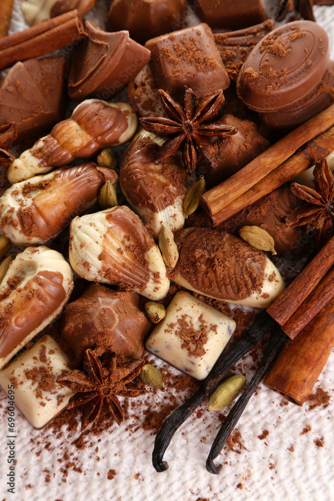 Different kinds of chocolates with spices on white background Different kinds of chocolates with spices on white background