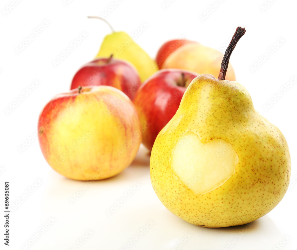 Ripe pear and apple with heart isolated on white - obrazy, fototapety, plakaty 