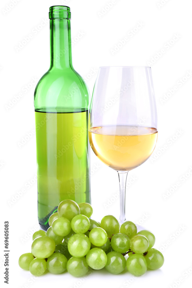 Tasty wine and ripe grape, isolated on white