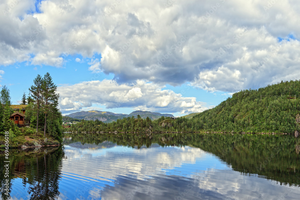 Idyllic view of lake with mountains of Norway.