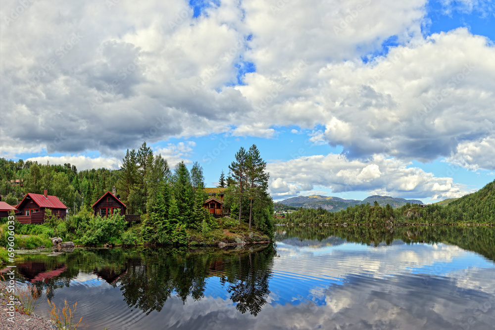 Idyllic view of lake with mountains of Norway.