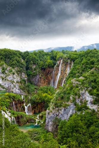 Lake at Plitvice Lakes National Park in Croatia with waterfalls