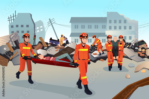 Rescue teams searching through the destroyed buildings