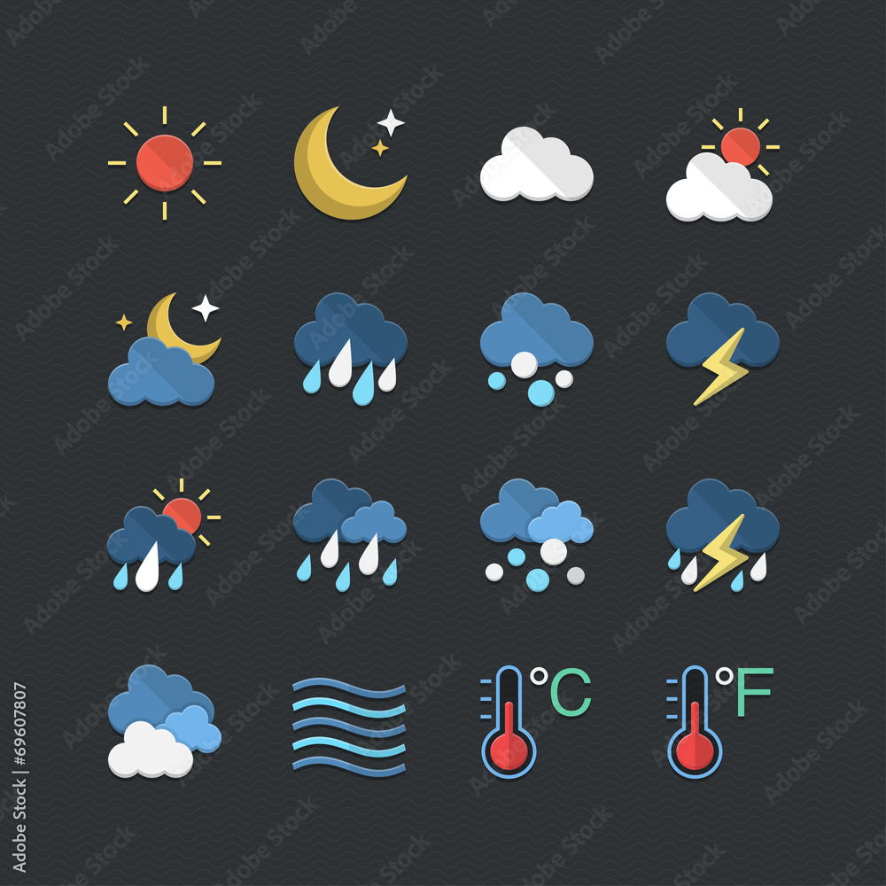 Obraz premium Weather icons set with Flat color style