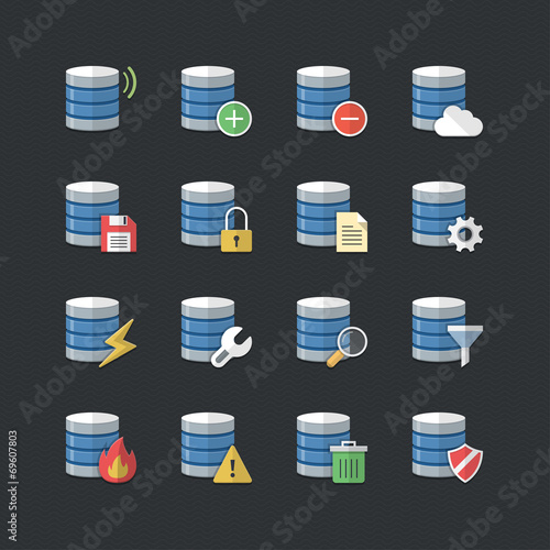 Database icons set with Flat color style