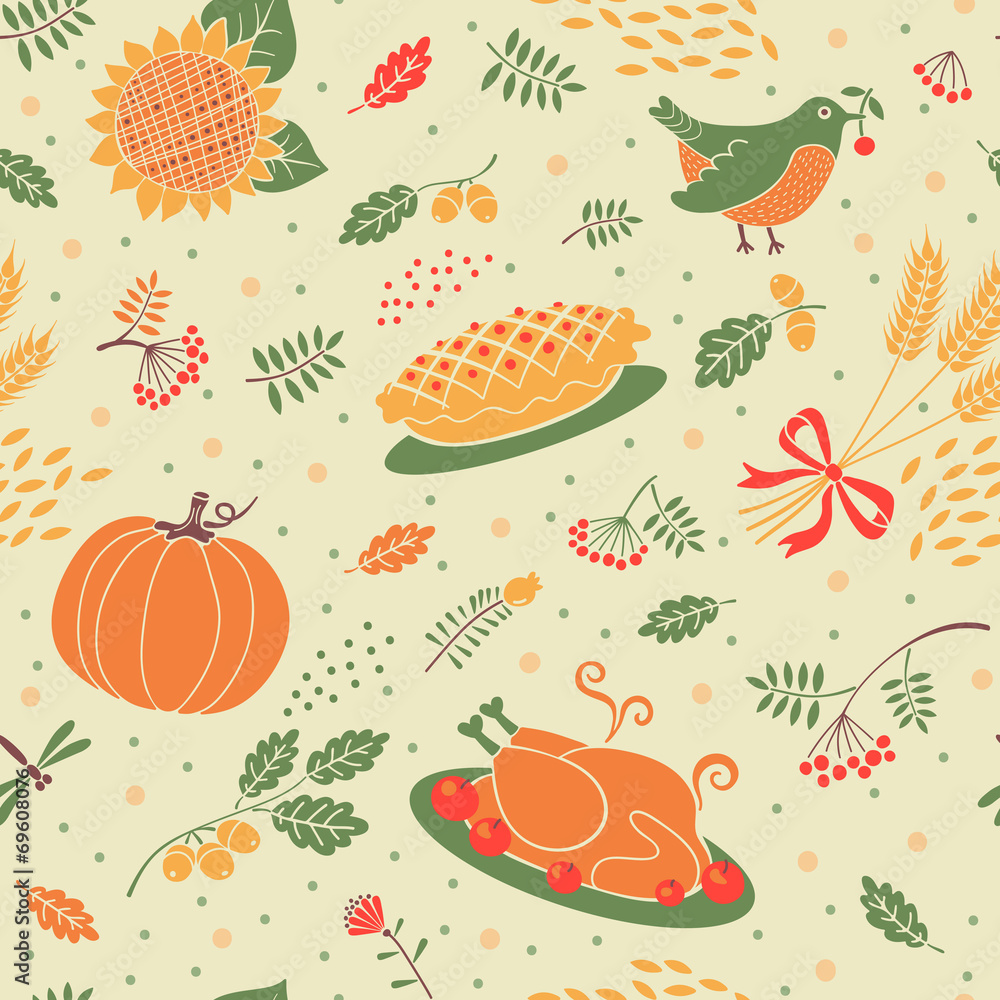 Seamless pattern with pumpkins, leaves, wheat and turkey. Seamless pattern with pumpkins, leaves, wheat and turkey.