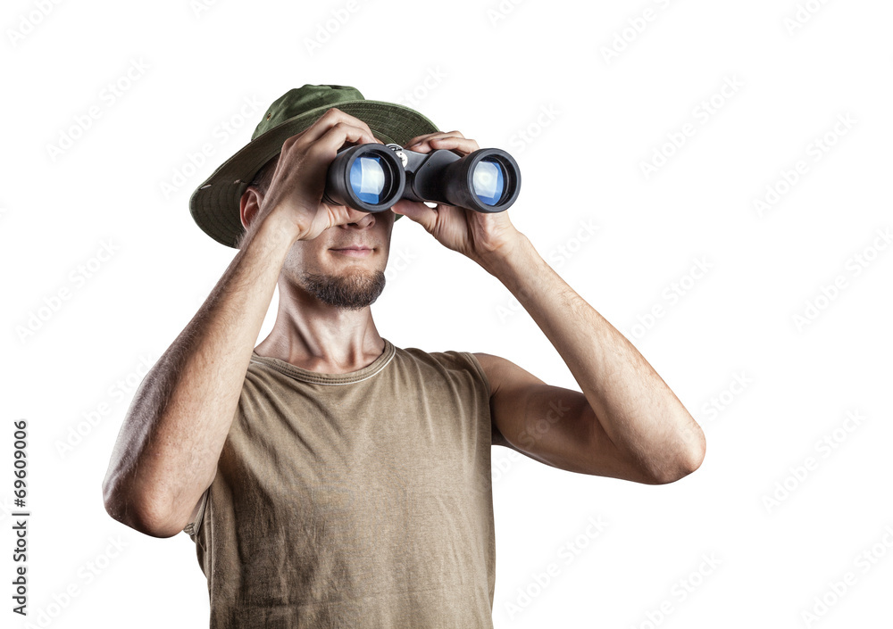 Tourist with binocular isolated on white Tourist with binocular isolated on white