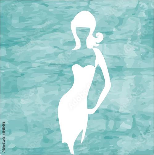 Abstract blue sea background with white girl