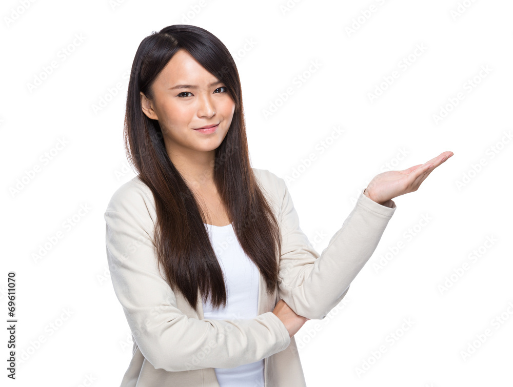 Young woman with hand presentation Young woman with hand presentation