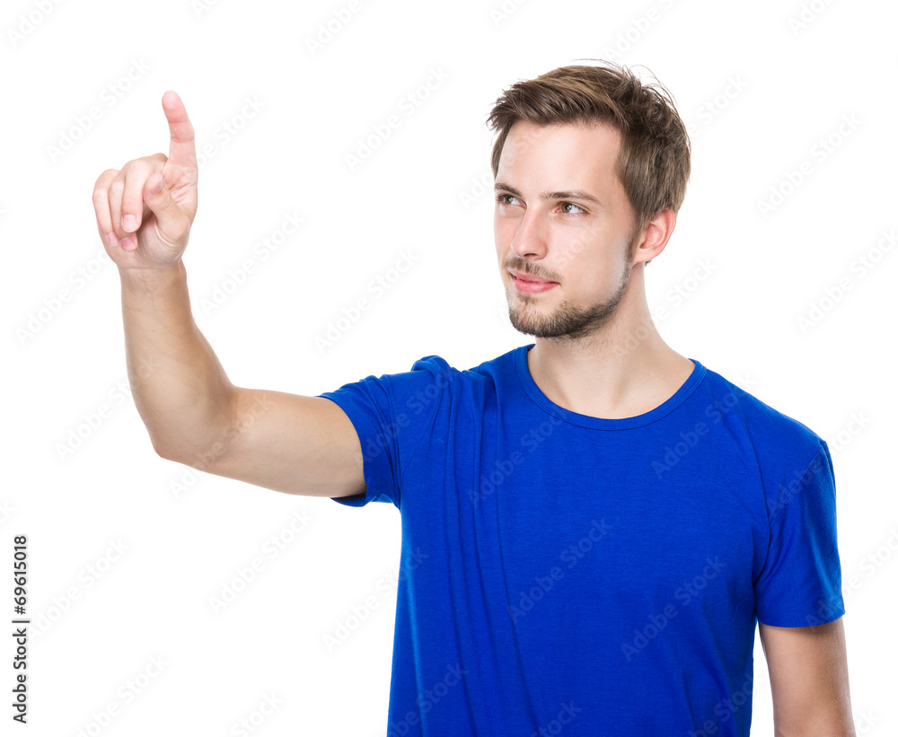 Man press the imaginary panel Man press the imaginary panel