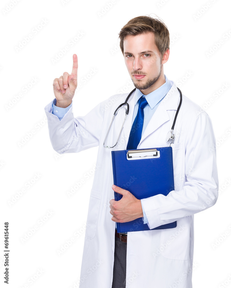 Caucasian medical doctor with clipboard and finger up Caucasian medical doctor with clipboard and finger up