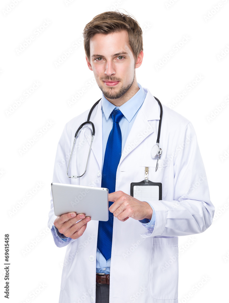 Caucasian medical doctor touch on digital tablet Caucasian medical doctor touch on digital tablet