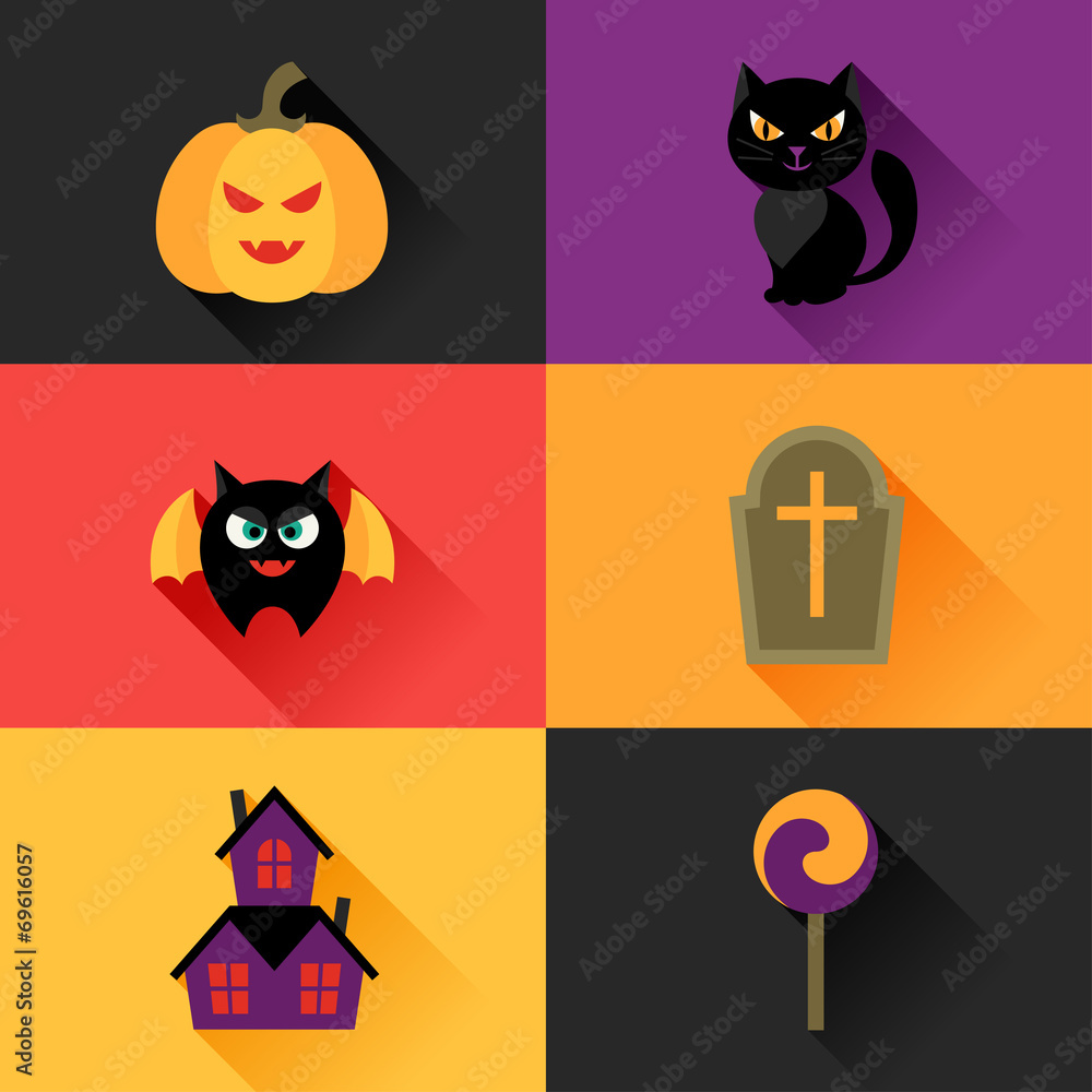Happy halloween icon set in flat design style. Happy halloween icon set in flat design style.