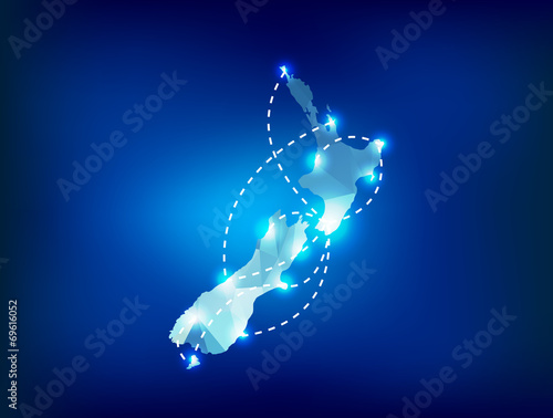 New Zealand country map polygonal with spot lights places