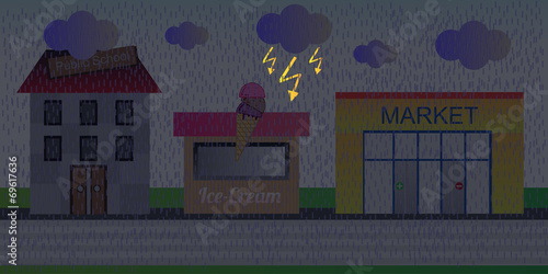 Town street in a rainy day with storm
