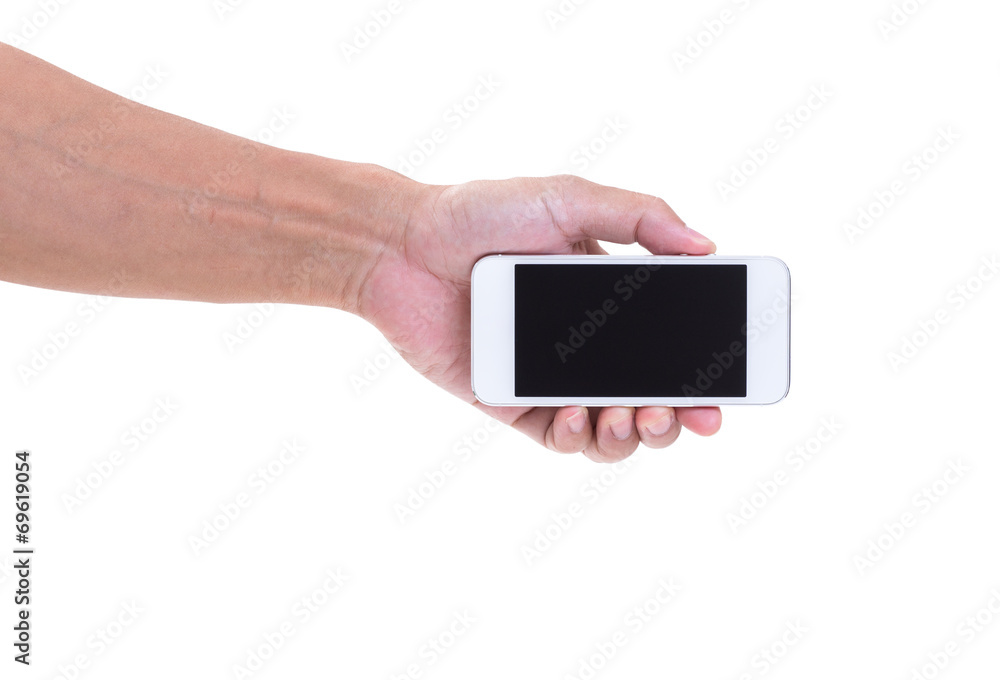 Man hand hold mobile phone isolated on white background, clippin Man hand hold mobile phone isolated on white background, clippin