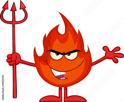 Evil Fire Cartoon Mascot Character Holding Up A Pitchfork