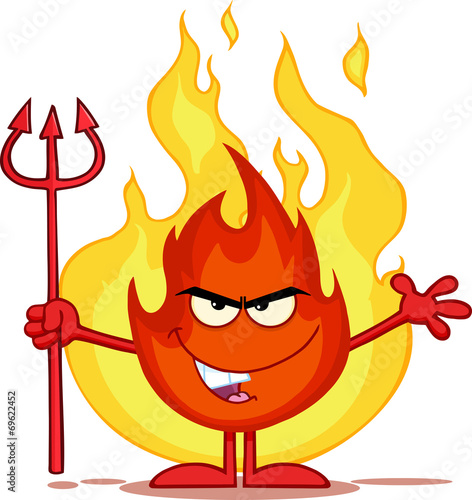 Evil Fire Character Holding Up A Pitchfork In Front Of Flames