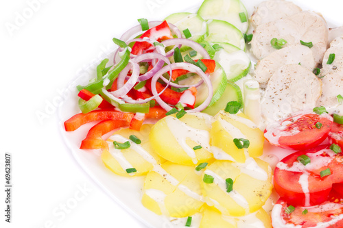 Chicken salad with potatoes and zucchini.