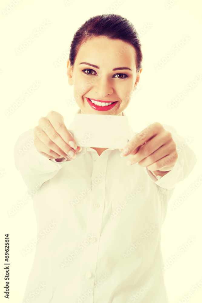 Beautiful business woman holding personal card. Beautiful business woman holding personal card.