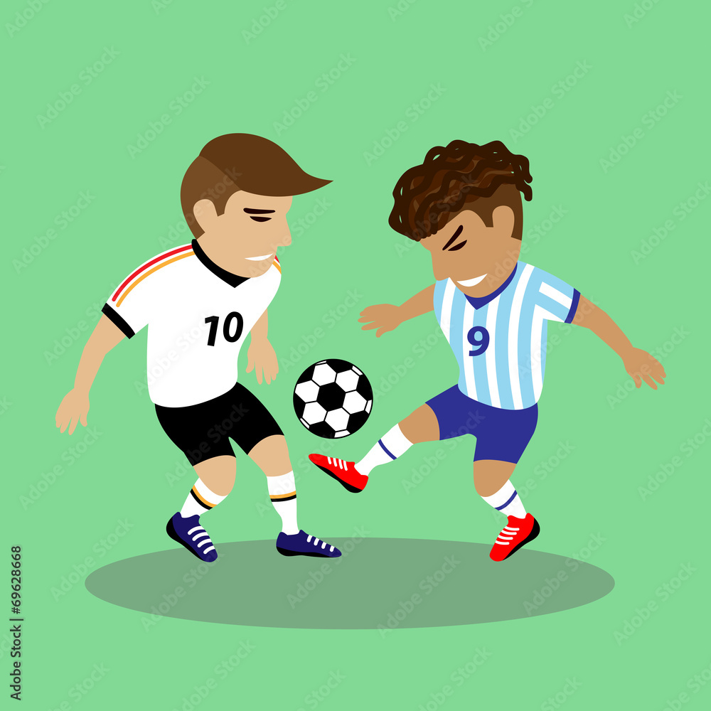 Two soccer players fighting for a ball