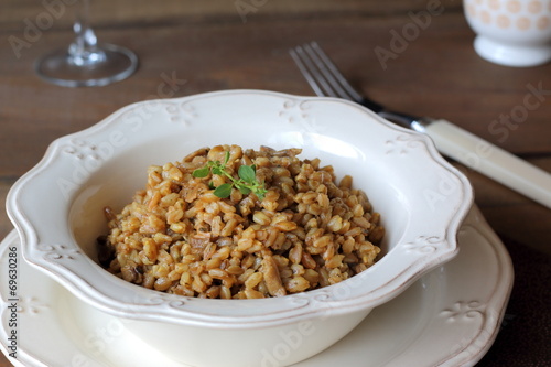 Mushroom farrotto, risotto made out with farro instead of rice