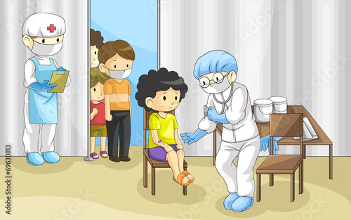 Doctor is examining group of people with ebola disease. It's a q