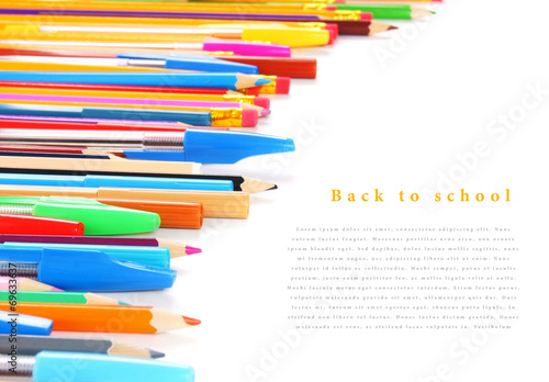School tools and accessories on white background.