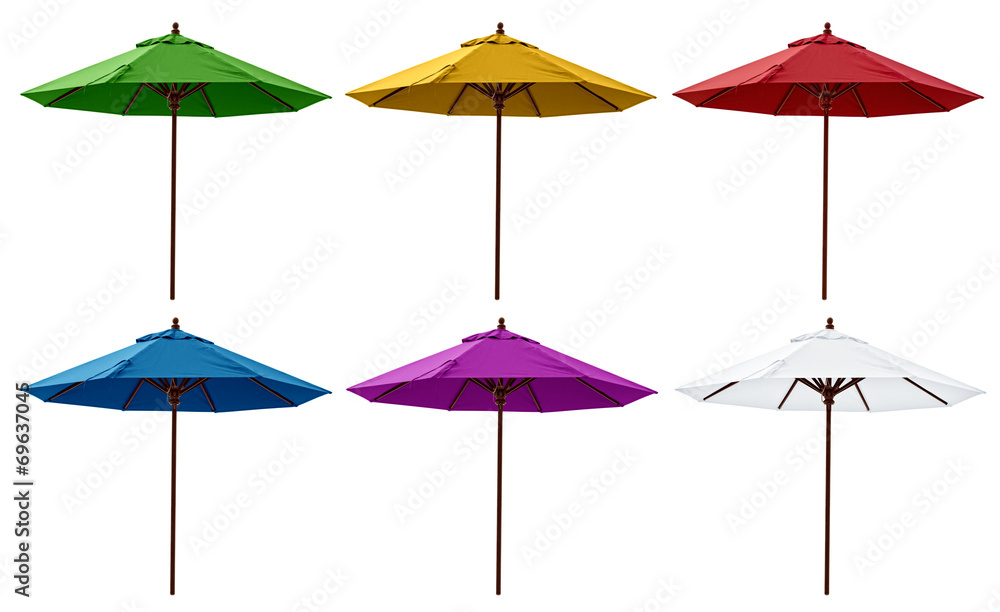 Green, Yellow, Red, Blue, Purple and White Beach Umbrellas