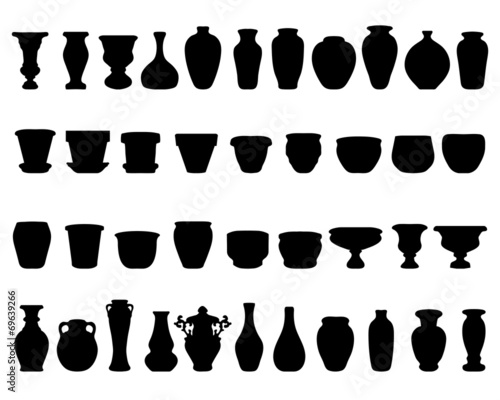Valokuva Black silhouettes of pottery and vases, vector
