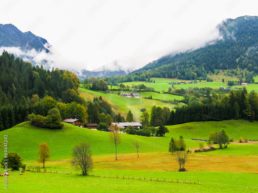 Agricultural landscape with green fields in Austria.