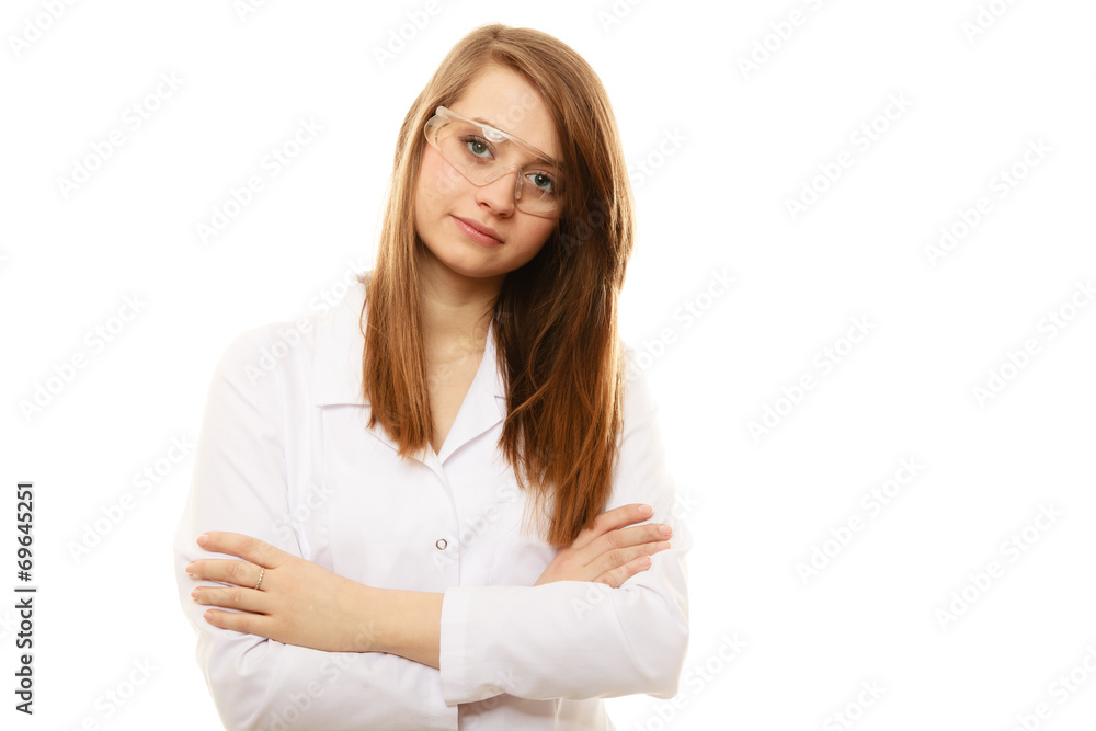 Laboratory. Chemist woman in goggles glasses isolated Laboratory. Chemist woman in goggles glasses isolated