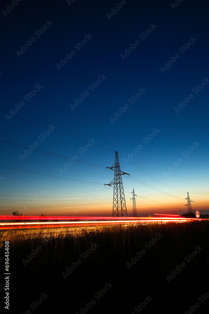 Electrical powerlines at dusk