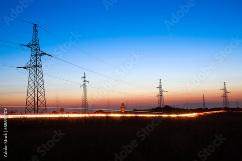 Electrical powerlines at dusk