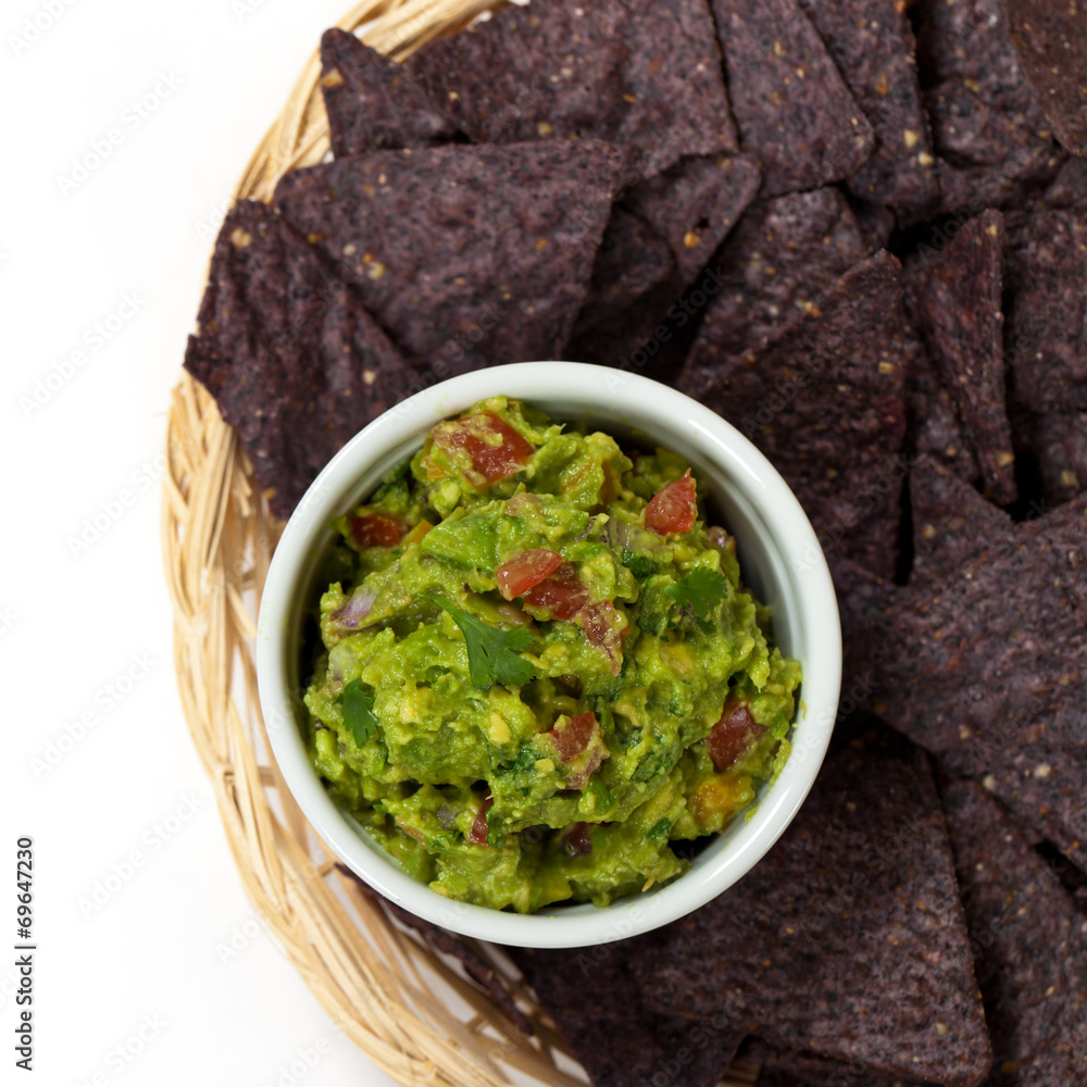 Guacamole dip and Organic Blue Corns Chips Guacamole dip and Organic Blue Corns Chips
