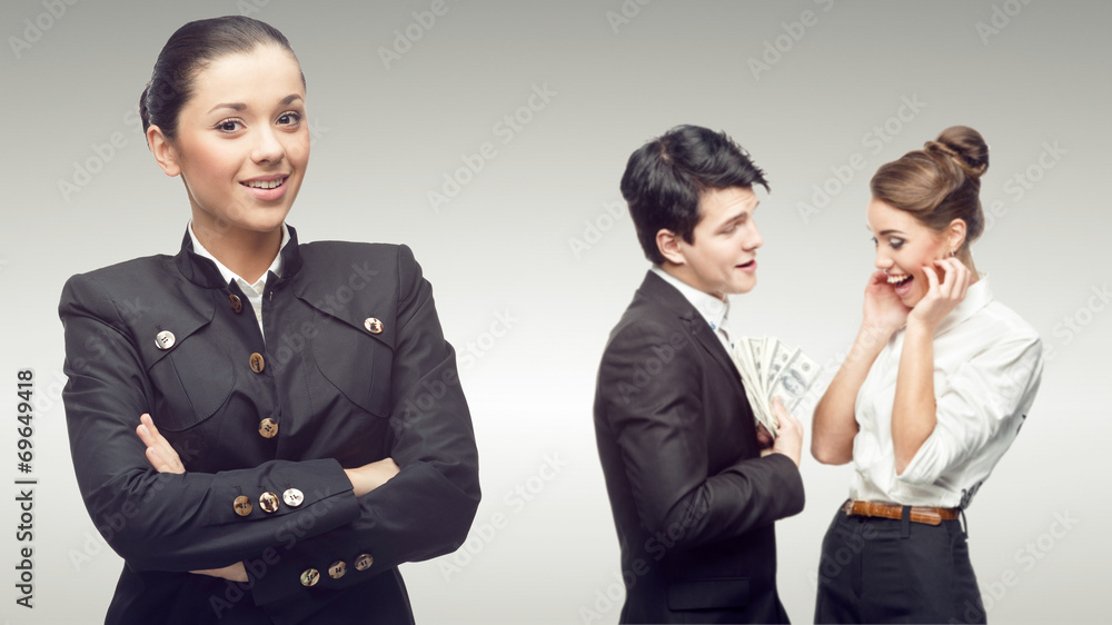 thoughtful businesswoman holding money