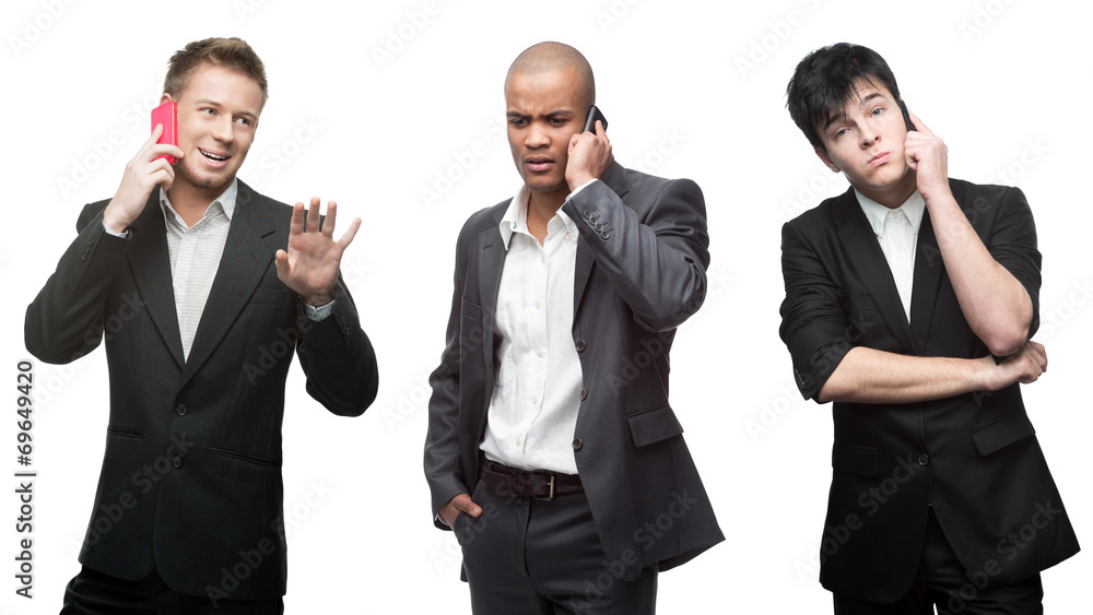 strained pensive and happy businessman calling by mobile telepho strained pensive and happy businessman calling by mobile telepho