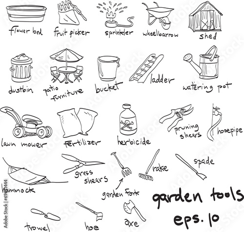 hand drawn garden tools, doodles