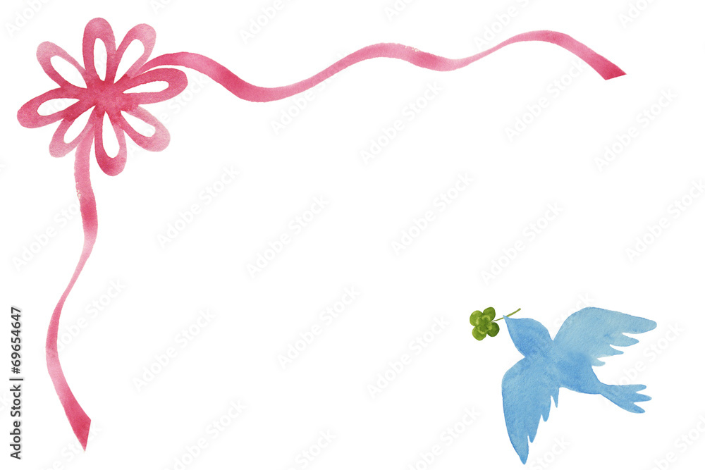 クローバーをくわえた青い鳥とリボンのメッセージカード Stock Illustration Adobe Stock