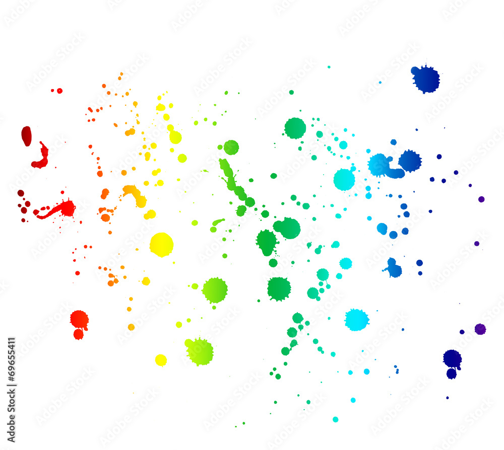 rainbow colored ink stains and drops isolated on white