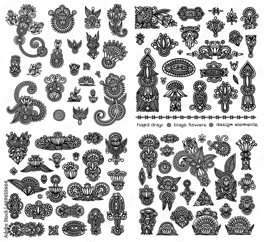Fototapeta premium black line art ornate flower design collection, ukrainian ethnic