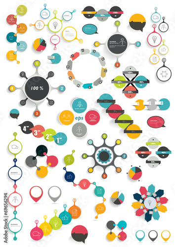 Collection of colorful round info graphics diagrams.