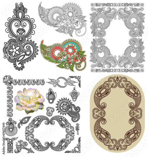 Vector set of calligraphic design vintage frame and flower, bla