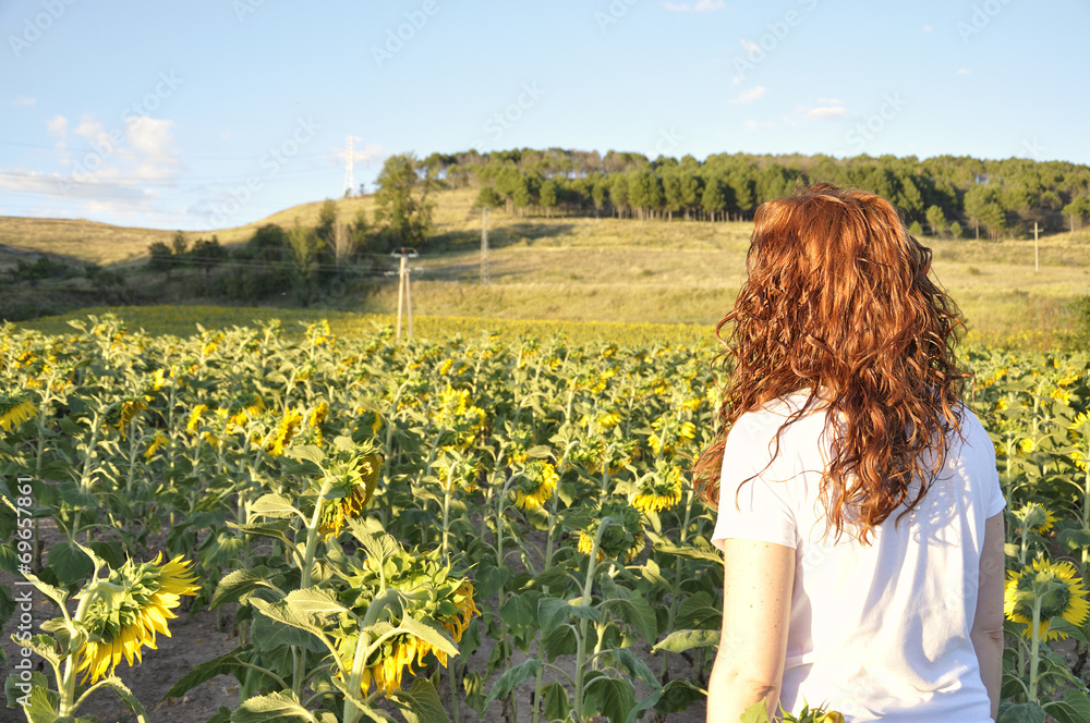 Woman looking at a sunflower field at sunset Woman looking at a sunflower field at sunset