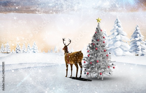 Composite image of christmas tree and reindeer