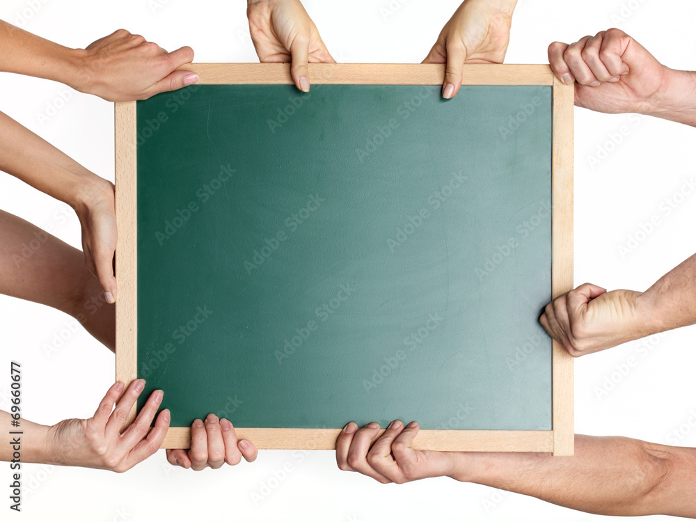 Many hands showcase green blackboard Many hands showcase green blackboard
