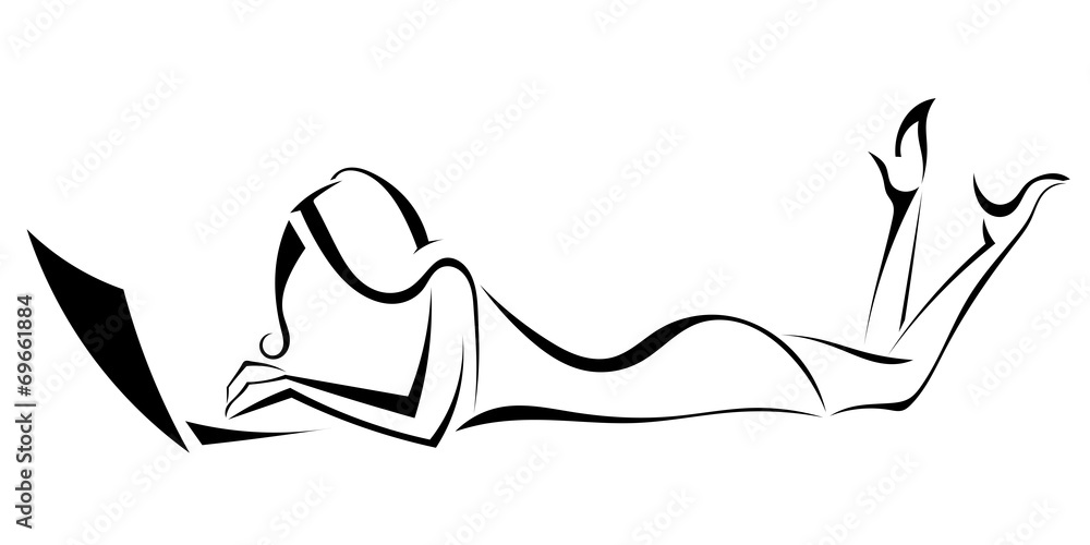 Black silhouette of the girl lying, looking at laptop. vector il