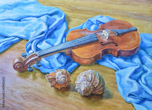 skrzypce-i-muszelki-malowane-akwarela