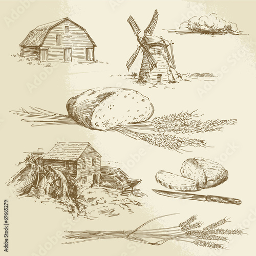 bread, farm - hand drawn illustration